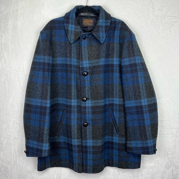 Pendleton Vintage Men’s Car Coat Wool 60’s Blue Gray Plaid Sz XL‎ - Picture 1 of 16